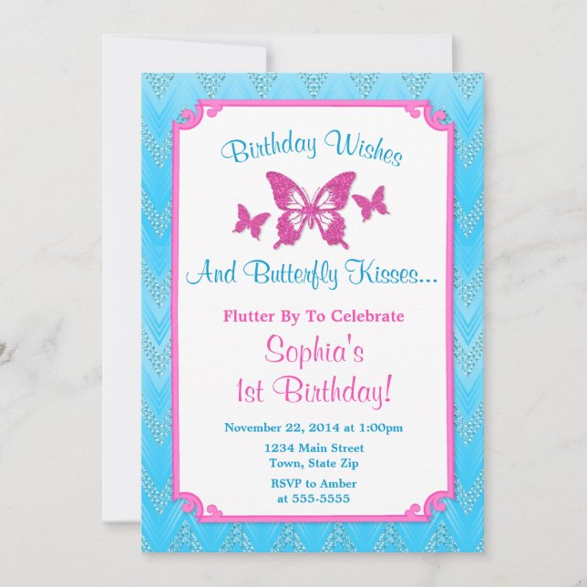 Rosa om fjäril på födelsedagen 1:a födelsedagen inbjudningar (Framsida)