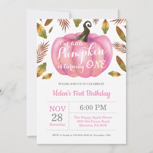 Rosa om inbjudan till första födelsedag för flicka (Framsida)