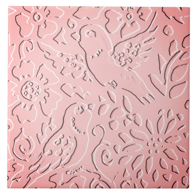 Rosa Ombre Bird Woodland Embossed Blommigt Natatur Kakelplatta (Framsidan)