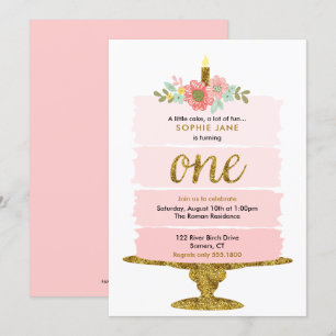 Rosa Ombre Cake First Birthday Glitter bjudan Inbjudningar