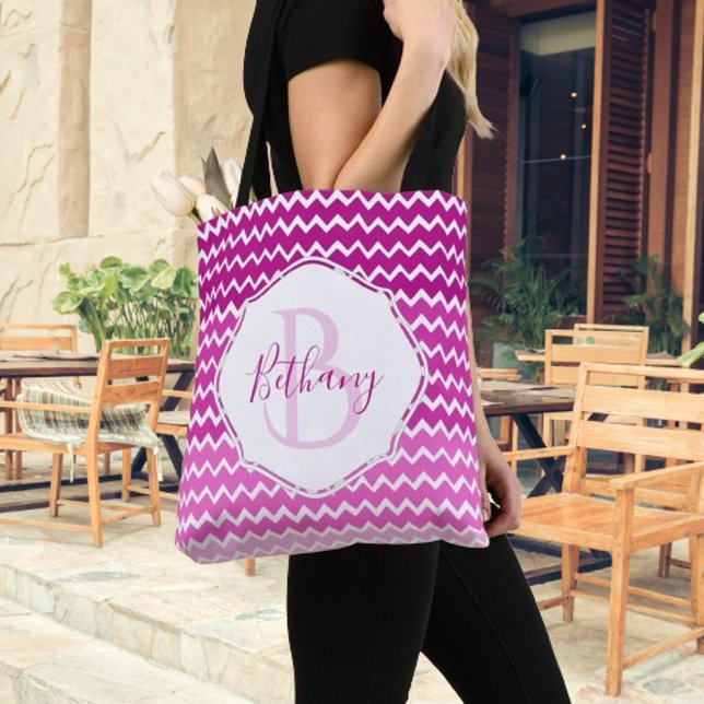 Rosa Ombre Chevron Personlig Tote Bag Tygkasse (Pink Ombre Chevron Personalized Monogram Tote Bag)