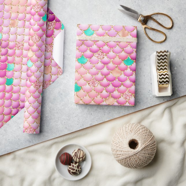 Rosa Ombre-folie & Guldglitter Fjäll av Havsfröken Presentpapper (Hantverk)