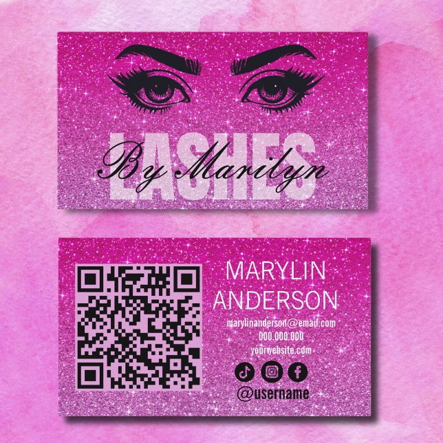 Rosa Ombre Glitter Lash Technician Scann QR Code Visitkort (Skapare uppladdad)