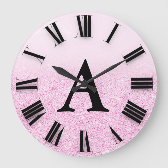 Rosa Ombre Glitter Monogram Roman Numbers Stor Klocka (Framsida)