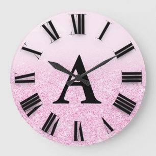 Rosa Ombre Glitter Monogram Roman Nummer Stor Klocka