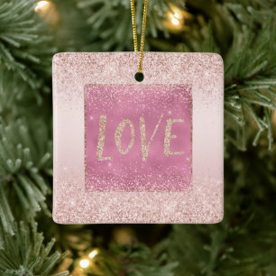Rosa Ombre Glitzy Glitter Gnistra Kärlek Julgransprydnad Keramik