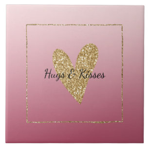 Rosa Ombre Guld Glitter Heart Kakelplatta