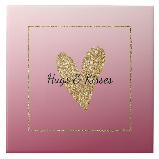 Rosa Ombre Guld Glitter Heart Kakelplatta (Framsidan)