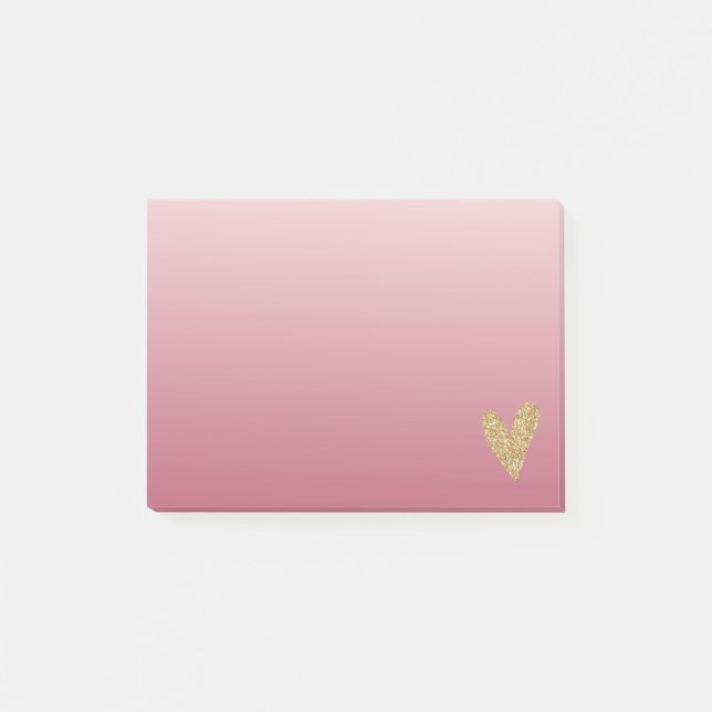 Rosa Ombre Guld Glitter Heart Post-it Block (Framsida)