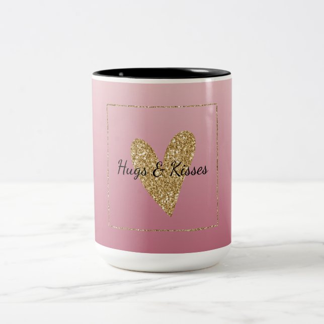 Rosa Ombre Guld Glitter Heart Två-Tonad Mugg (Center)