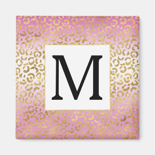 Rosa Ombre Guld Leopard Skriv ut Monogram Magnet