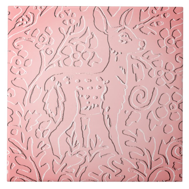 Rosa Ombre Hjort Fawn Woodland Embossed Blommigt Kakelplatta (Framsidan)