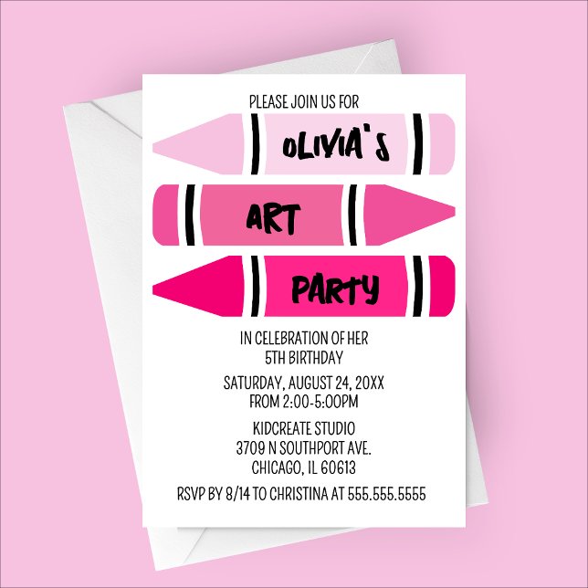 Rosa Ombre Kritor Art Födelsedagsfest inbjudan (Pink Ombre Crayon Art Party Birthday Invitation)