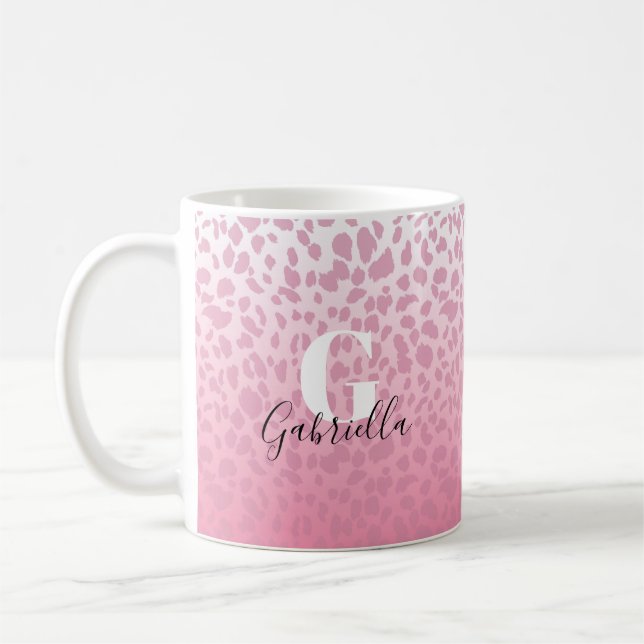 Rosa Ombre Leopard Mönster Anpassningsbar Monogram Kaffemugg (Vänster)