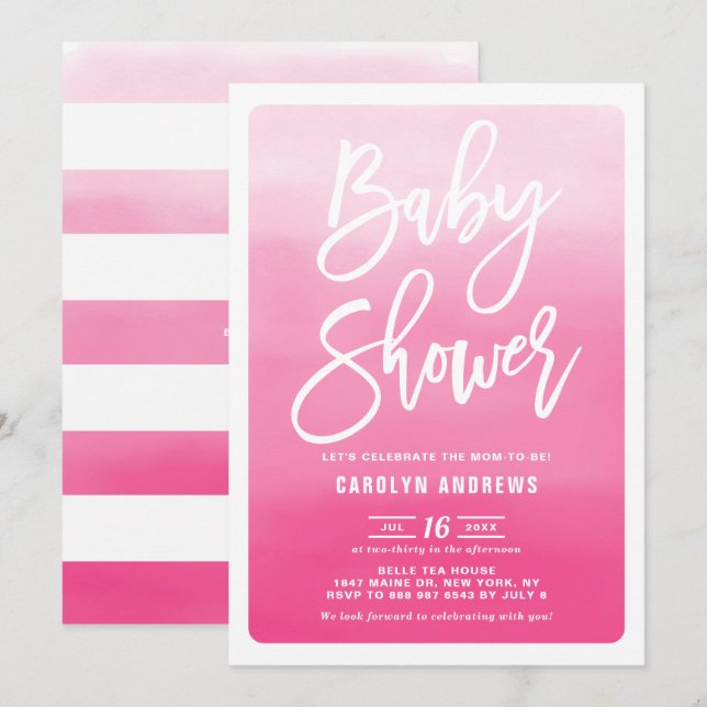 Rosa Ombre Modern Calligraphy Baby Shower Inbjudningar (Fram/baksida)