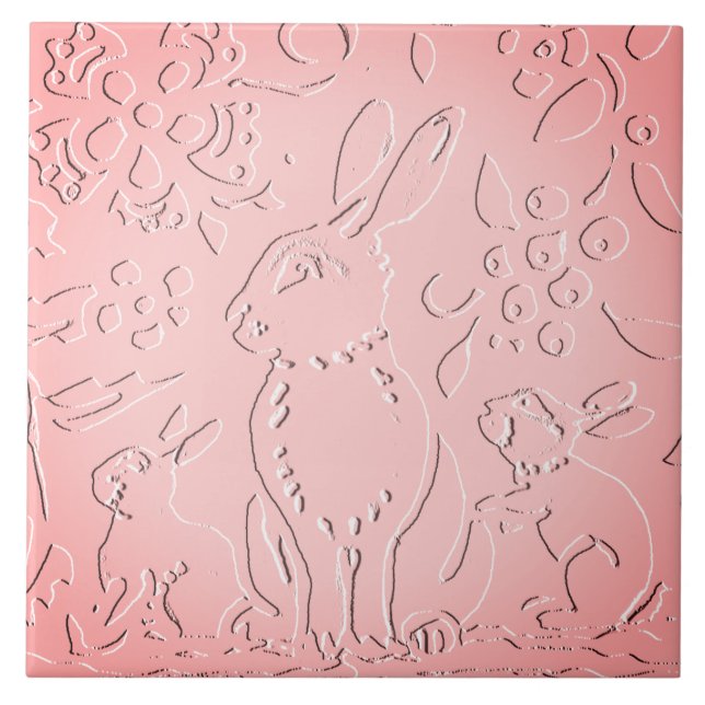 Rosa Ombre Rabbit Woodland Embossed Blommigt Natat Kakelplatta (Framsidan)