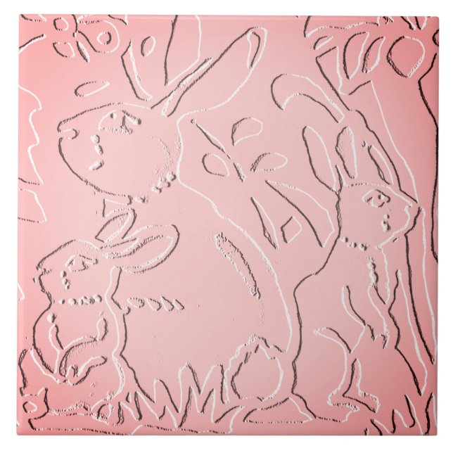 Rosa Ombre Rabbit Woodland Embossed Blommigt Natat Kakelplatta (Framsidan)