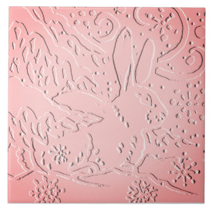 Rosa Ombre Rabbit Woodland Embossed Snö Gräs Träd Kakelplatta