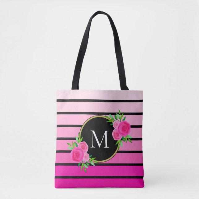 Rosa Ombre Rand Watercolor Blommigt Black Monogram Tygkasse (Framsida)