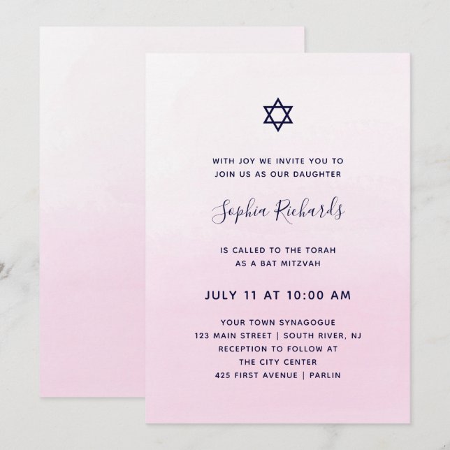  Rosa Ombre Watercolor| Bat mitzvah Inbjudningar (Fram/baksida)