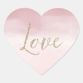Rosa Ombre Watercolor Guld Glitter Kärlek Hjärtformat Klistermärke
