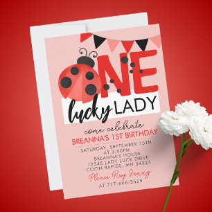 Rosa One Lucky Dam Watercolor Ladybug Birthday Inbjudningar