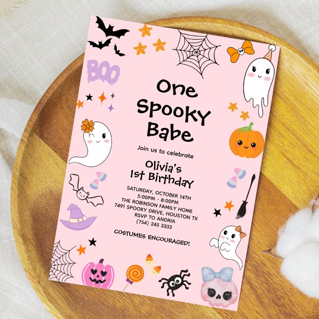 Rosa One Spooky Babe Ghost Halloween 1 födelsedag Inbjudningar (Pink One Spooky Babe Cute Ghost Halloween 1st Birthday Invitation  )
