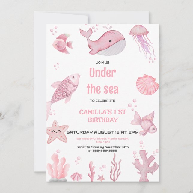 Rosa Oneder Sea Birthday Inbjudningar (Framsida)