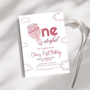 Rosa Onederful Varmt Luftballong flicka 1-års föde Inbjudningar