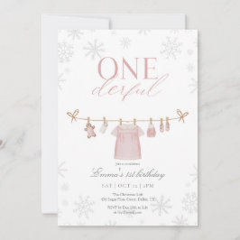 Rosa ONEderful Winter First Birthday-inbjudan Tack Kort