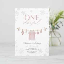 Rosa ONEderful Winter First Birthday-inbjudan Tack Kort