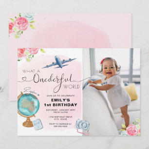 Rosa ONEderful World Photo First Birthday Inbjudningar