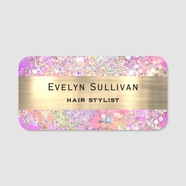 Rosa Opal Faux guldfoil Glitter Namn bricka Namnbricka (Framsida)