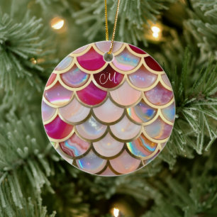Rosa Opal Iridescent Sjöjungfru Scales Julgransprydnad Keramik