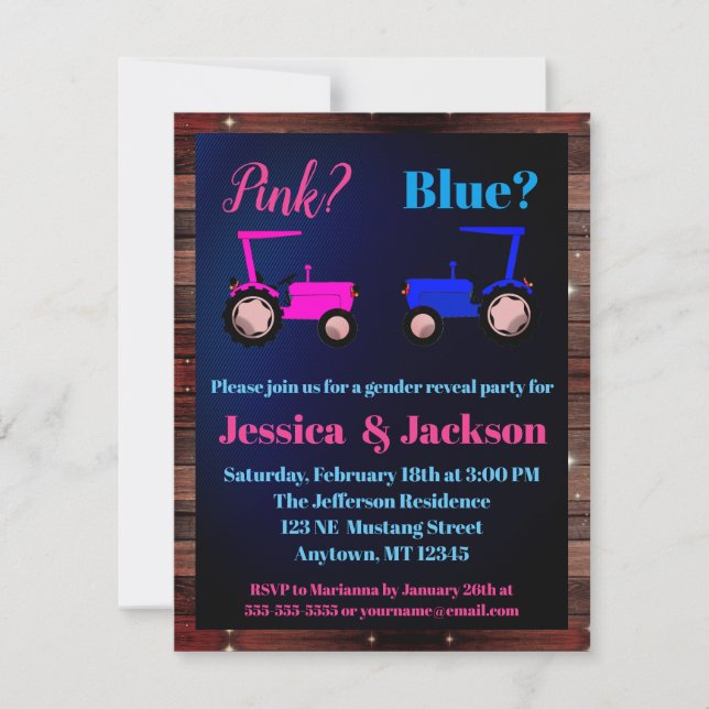 "Rosa or Blue" Tractor Farm Stil Gender Reveal Inbjudningar (Framsida)