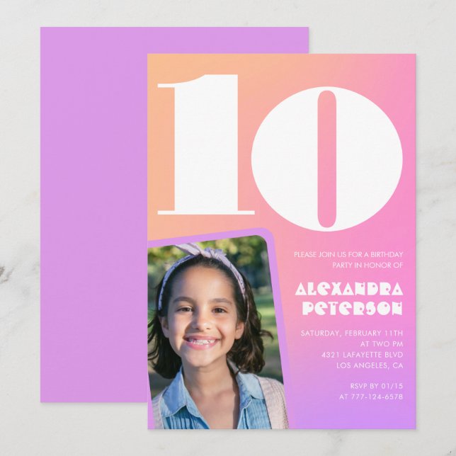 Rosa Orange 10-års födelsedagsinbjudningar Retro Inbjudningar (Fram/baksida)