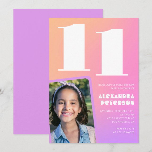 Rosa Orange 11-års inbjudningar Retro (Fram/baksida)