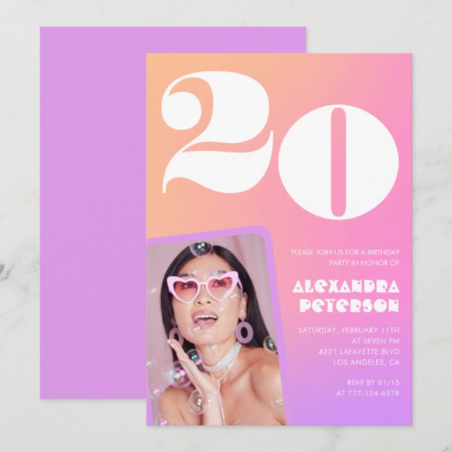 Rosa orange 20-års födelsedagsinbjudan Retro  Inbjudningar (Fram/baksida)
