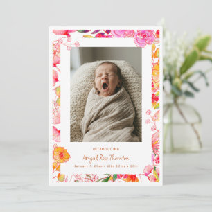 Rosa Orange Akvarell Blommig Foto Baby Födelse Meddelande