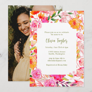 Rosa Orange Akvarell Blommor Foto Baby Shower Inbjudningar