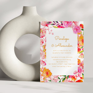 Rosa Orange Akvarell Blommor Script Chic Bröllop Inbjudningar