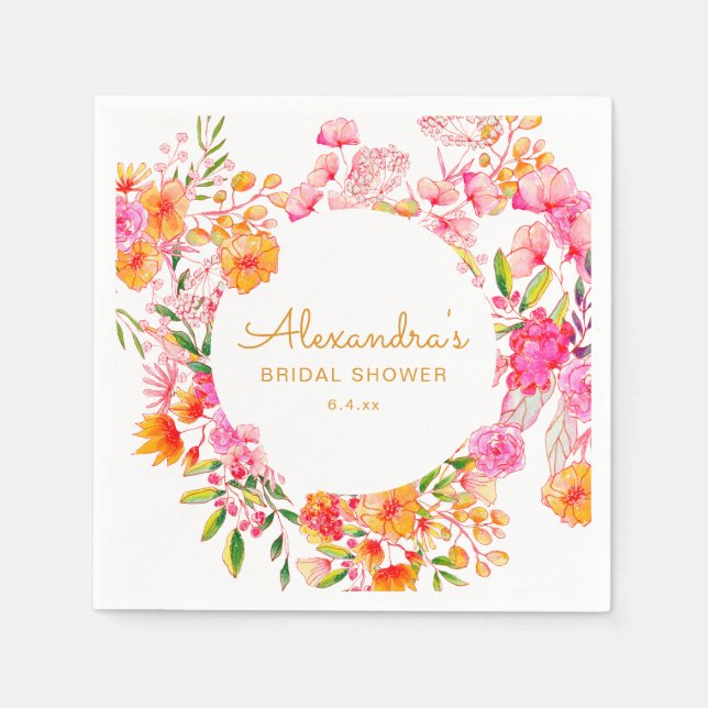 Rosa Orange Akvarell Vilda Blommor Bröllopsdusch Pappersservett (Framsidan)