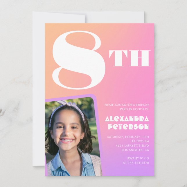 Rosa Orange Åttonde födelsedagsinbjudan Flickfoto Inbjudningar (Framsida)