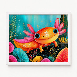 Rosa Orange Axolotl Blommålning Poster