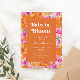 Rosa Orange Baby i Blommigten Bloom Retro Baby Sho Inbjudningar
