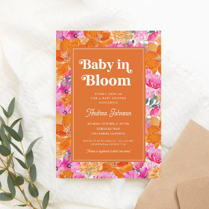 Rosa Orange Baby i Blommigten Bloom Retro Baby Sho Inbjudningar