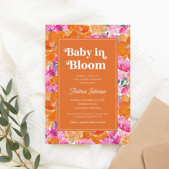 Rosa Orange Baby i Blommigten Bloom Retro Baby Sho Inbjudningar (Skapare uppladdad)