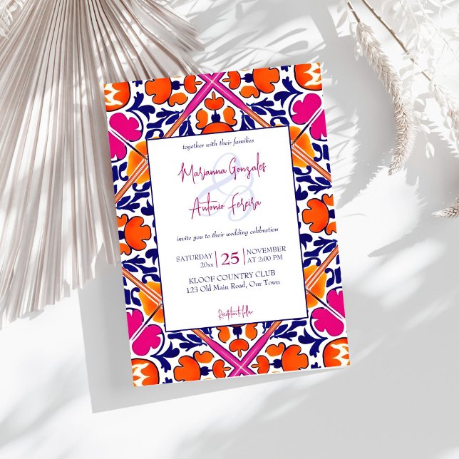 Rosa orange blå mexikanska plattor bröllop inbjudningar (Pink orange blue Mexican Talavera Azulejo tiles wedding Invitation editable template instant downloa)