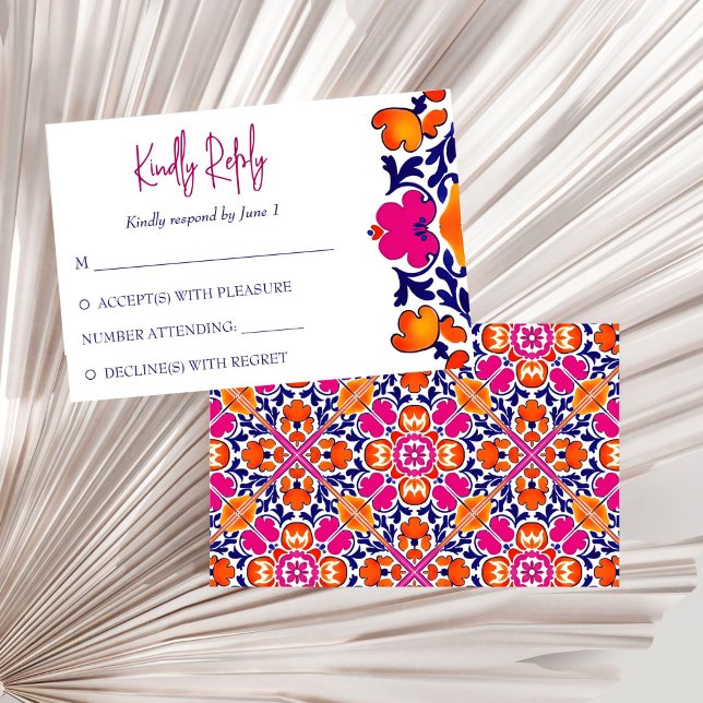 Rosa orange blå mexikanska plattor bröllop OSA kort (Pink orange blue Mexican Talavera Azulejo tiles wedding RSVP Card wedding invitation suite bold colo)