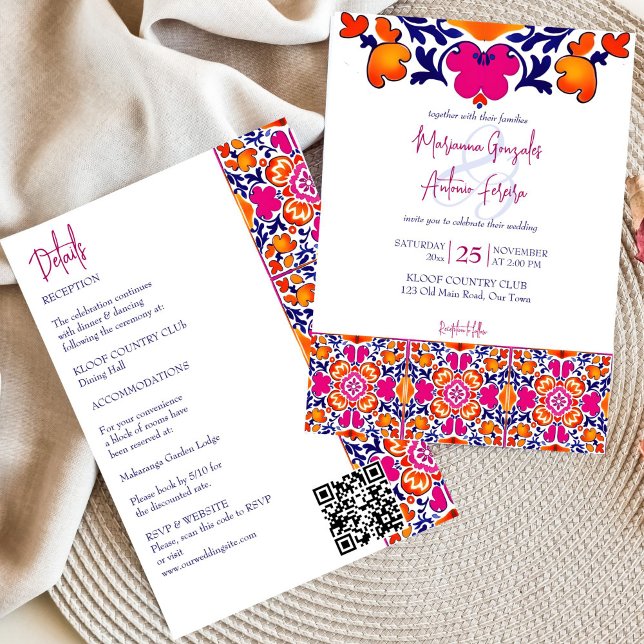 Rosa orange blå mexikanska plattor i hela bröllop inbjudningar (Pink orange blue Mexican tiles all in one wedding Invitation editable template digital download )